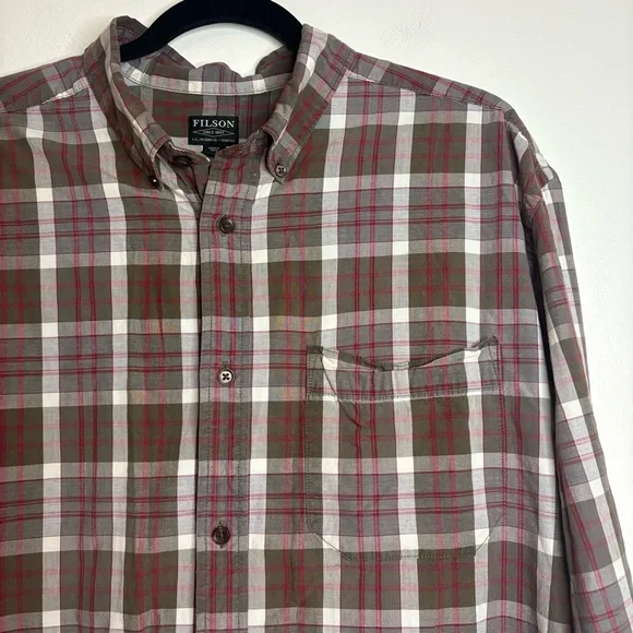 Filson XL Plaid Button Down Shirt Cotton Long Sleeve Brown Red Gray Outdoors - Picture 1 of 5
